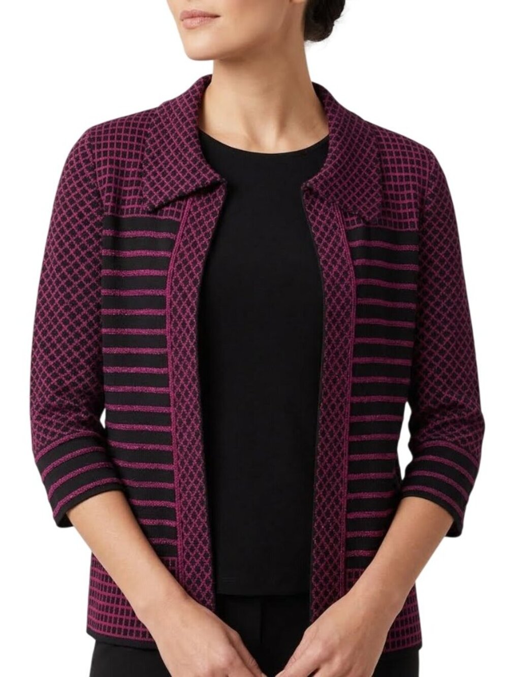 Ming Wang Blazer Jacket Small Open Front Abstract Stripe Knit Cardigan Magenta